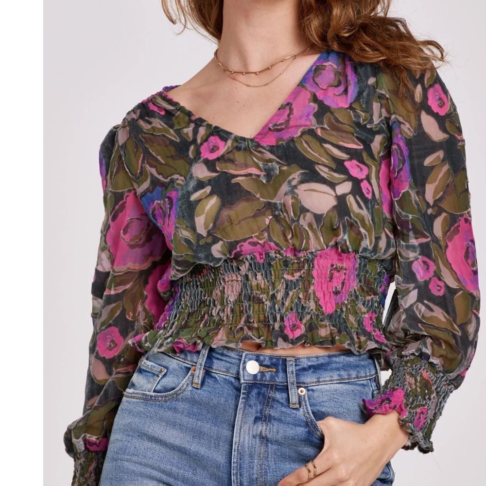 Another Love Candice Floral Smocked Blouse XS Trellis Roses NWT